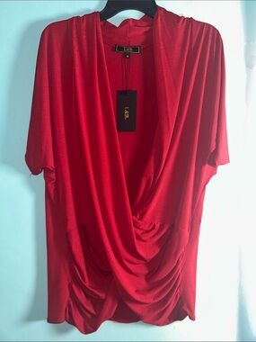 L&B Vibrant Red Draped V-Neck Blouse